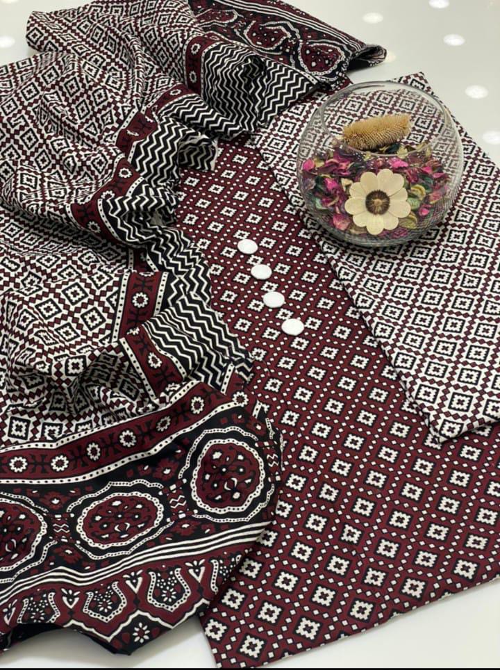 Beautifull Ajrak Print Work Collection 3Pc - Aura - Almora(Women Fashion)
