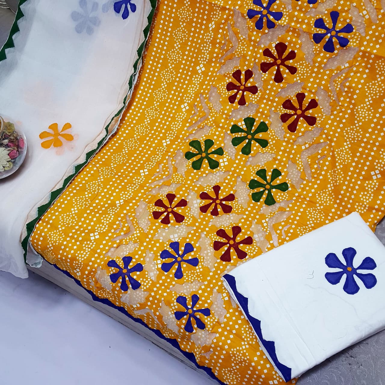 Beautifull Chuniri Print With Hand Applique Work Collection 3Pc - Aura - Almora(Women Fashion)