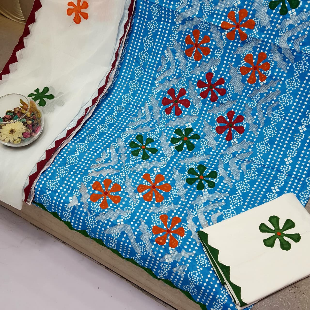 Beautifull Chuniri Print With Hand Applique Work Collection 3Pc - Aura - Almora(Women Fashion)