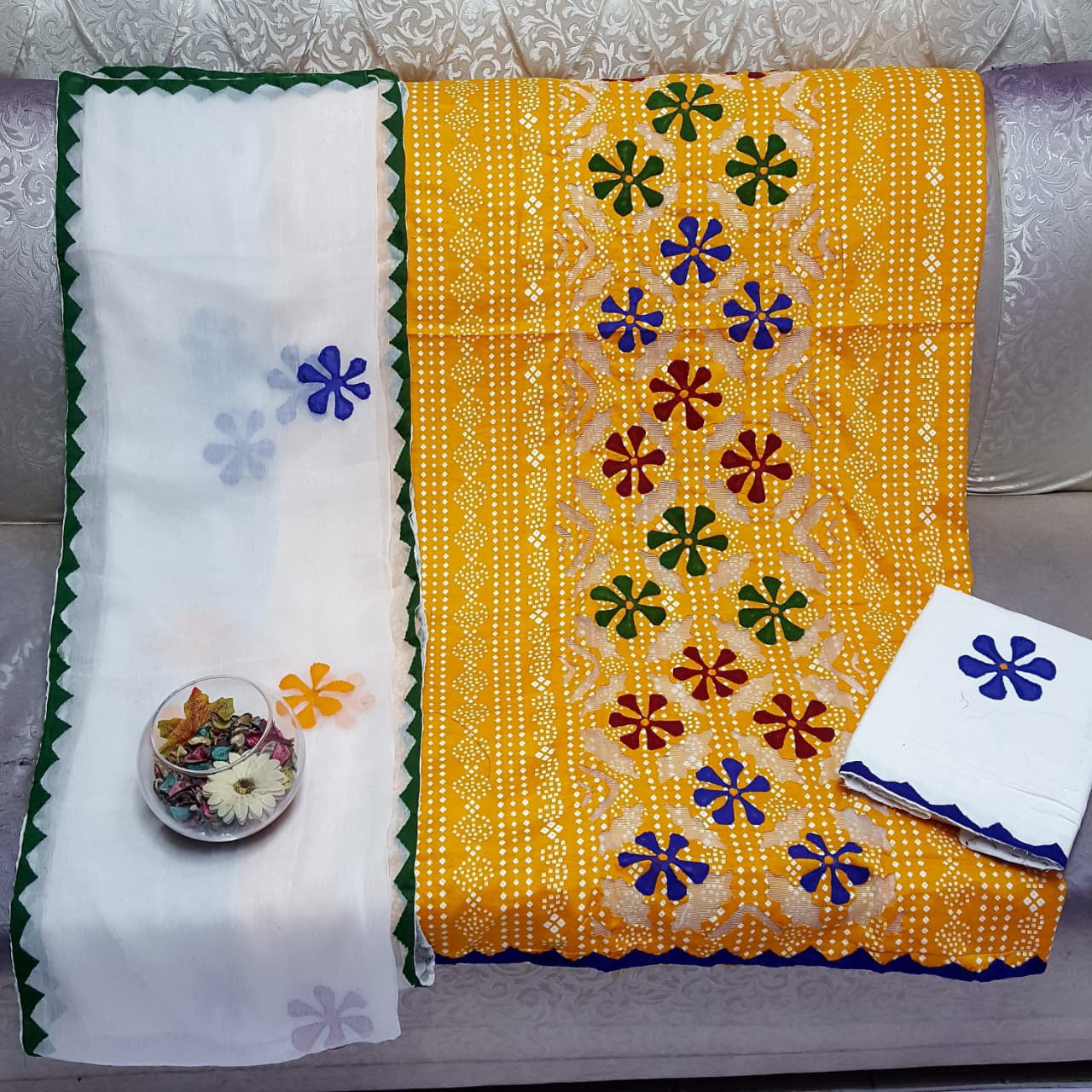 Beautifull Chuniri Print With Hand Applique Work Collection 3Pc - Aura - Almora(Women Fashion)