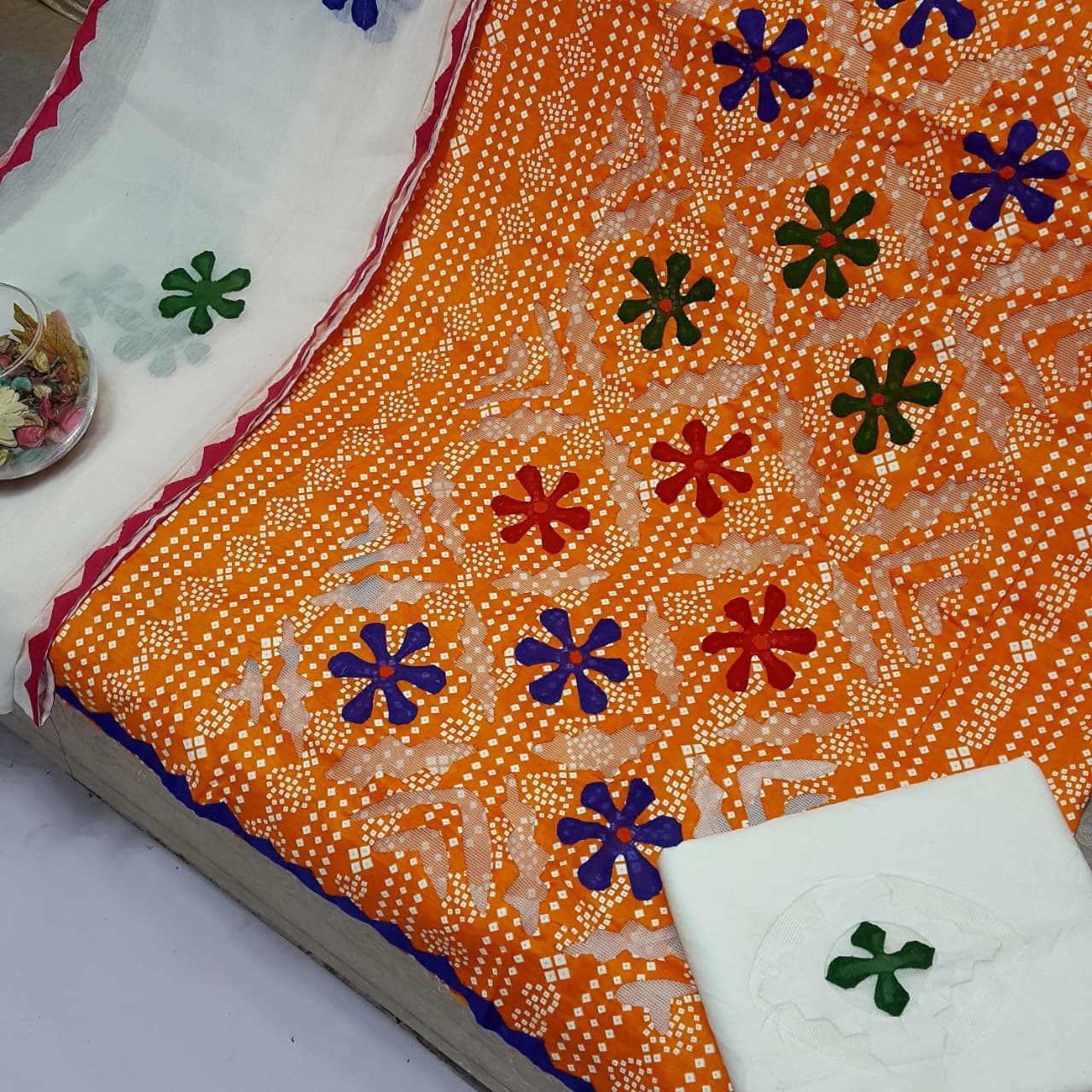 Beautifull Chuniri Print With Hand Applique Work Collection 3Pc - Aura - Almora(Women Fashion)
