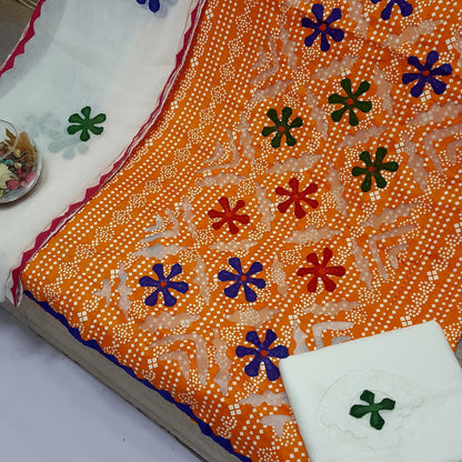 Beautifull Chuniri Print With Hand Applique Work Collection 3Pc - Aura - Almora(Women Fashion)