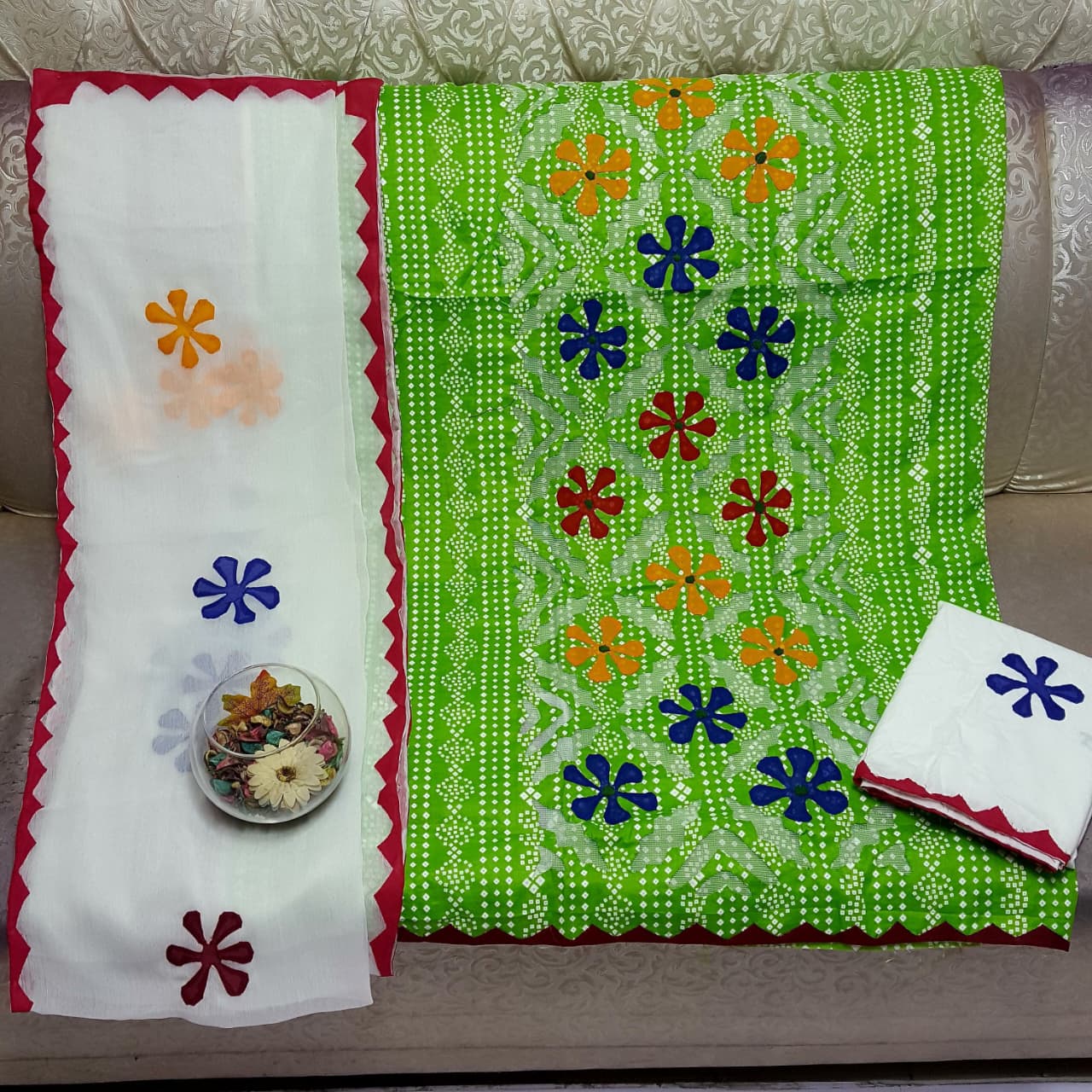 Beautifull Chuniri Print With Hand Applique Work Collection 3Pc - Aura - Almora(Women Fashion)