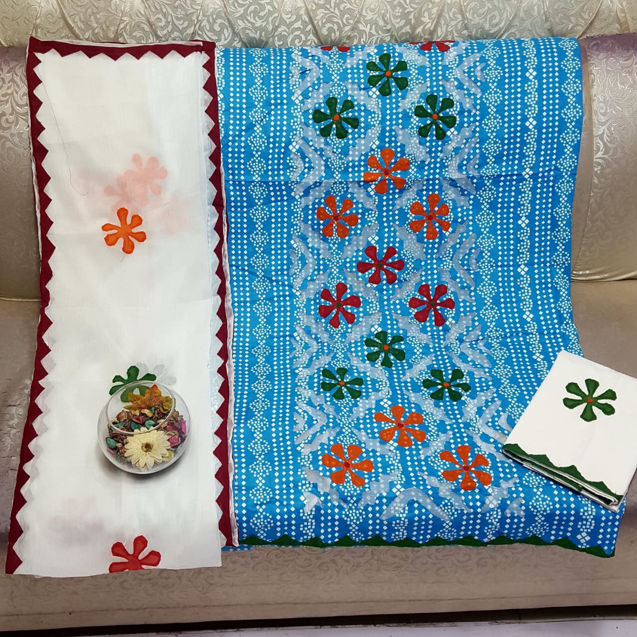 Beautifull Chuniri Print With Hand Applique Work Collection 3Pc - Aura - Almora(Women Fashion)