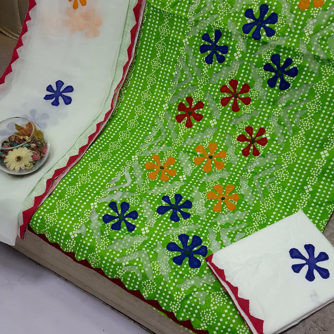 Beautifull Chuniri Print With Hand Applique Work Collection 3Pc - Aura - Almora(Women Fashion)