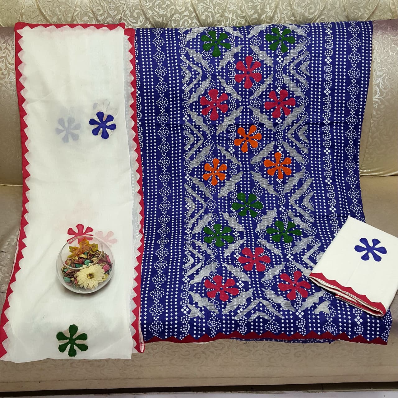 Beautifull Chuniri Print With Hand Applique Work Collection 3Pc - Aura - Almora(Women Fashion)