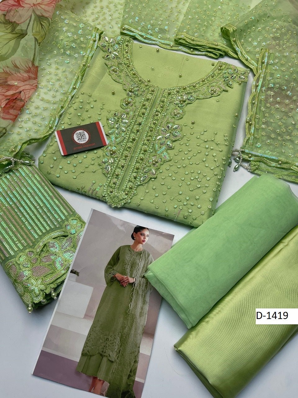 D - 1419 Baroque Chantelle – Heavy Embroidered Organza Suit with Silk Trouser - Aura - Almora(Women Fashion)