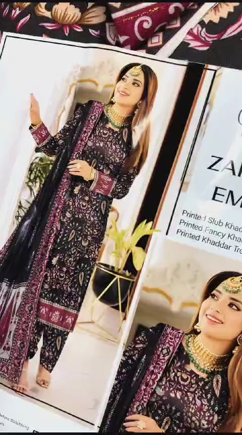 3 PCs women's Unstiched Khaddar Printed Suit